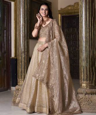 Beige Sequins And Thread Embroidered Wedding Lehenga 3