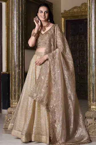 Beige Sequins And Thread Embroidered Wedding Lehenga
