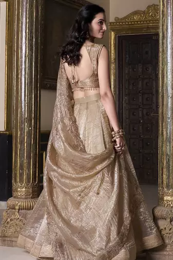 Beige Sequins And Thread Embroidered Wedding Lehenga