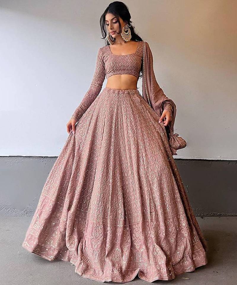 Pink Georgette Lucknowi Embroidery Work Lehenga Choli