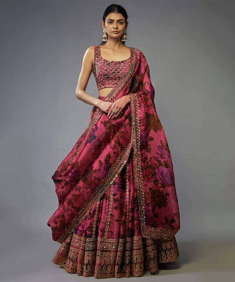 Pink Organza Zari Sequin Embroidery Work Lehenga Choli
