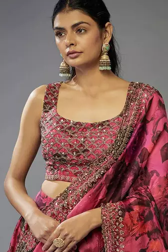 Pink Organza Zari Sequin Embroidery Work Lehenga Choli