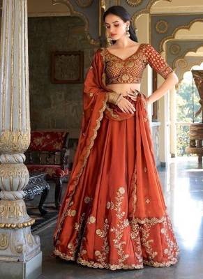 Orange Silk Thread Embroidery Work Lehenga Choli 1