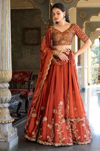 Orange Silk Thread Embroidery Work Lehenga Choli