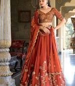 Orange Silk Thread Embroidery Work Lehenga Choli