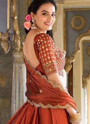 Orange Silk Thread Embroidery Work Lehenga Choli 3