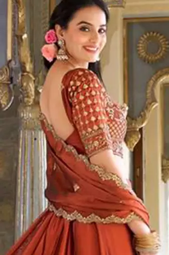 Orange Silk Thread Embroidery Work Lehenga Choli