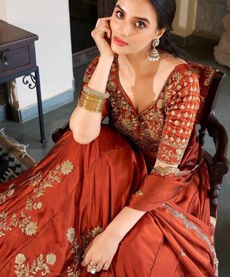 Orange Silk Thread Embroidery Work Lehenga Choli 4