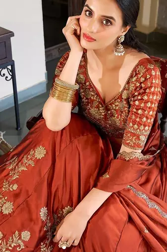 Orange Silk Thread Embroidery Work Lehenga Choli