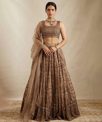 Brown Net Zari Sequin Embroidery Work Lehenga Choli With Dupatta 1