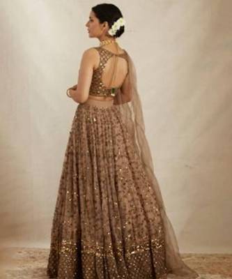 Brown Net Zari Sequin Embroidery Work Lehenga Choli With Dupatta 2