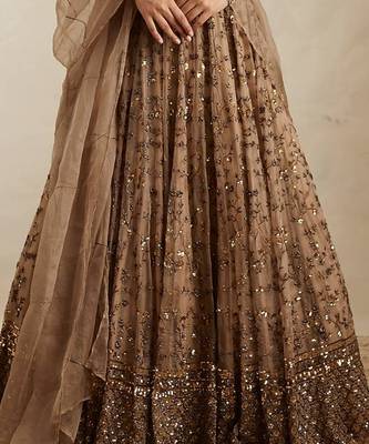 Brown Net Zari Sequin Embroidery Work Lehenga Choli With Dupatta 3