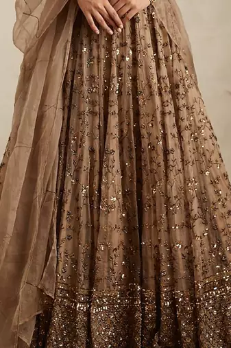 Brown Net Zari Sequin Embroidery Work Lehenga Choli With Dupatta