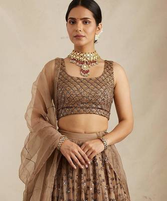 Brown Net Zari Sequin Embroidery Work Lehenga Choli With Dupatta 4