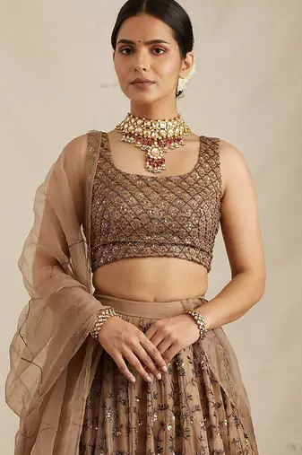 Brown Net Zari Sequin Embroidery Work Lehenga Choli With Dupatta