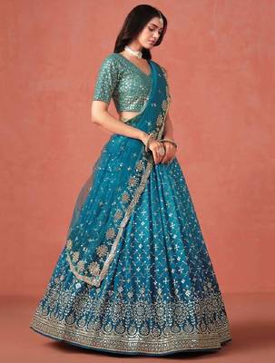 Rama Blue Zari Sequins Embroidered Georgette Lehenga 1