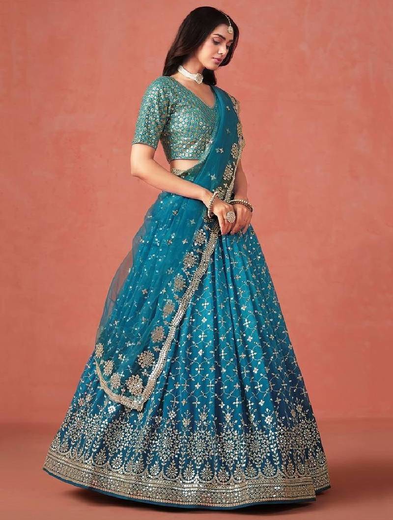Rama Blue Zari Sequins Embroidered Georgette Lehenga