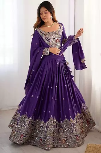 Purple Silk blend Coding Dori Sequin Embroidery Work Lehenga Choli With Dupatta