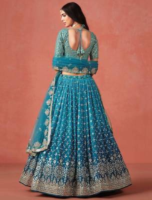Rama Blue Zari Sequins Embroidered Georgette Lehenga 5