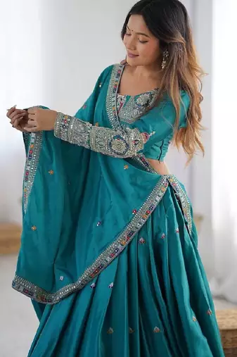 blue coding dori with sequin embroidery silk blend lehenga choli