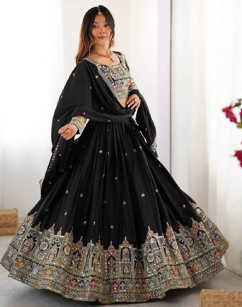 Black Coding Dori With Sequin Embroidery Silk blend Lehenga Choli