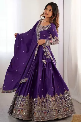 Purple Silk blend Coding Dori Sequin Embroidery Work Lehenga Choli With Dupatta