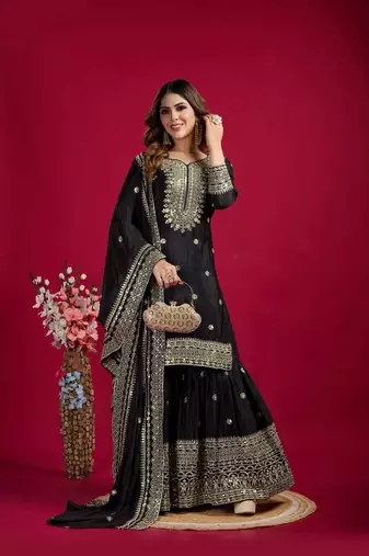 Black Color Heavy Sequins Work Chinon Fabric Wedding Wear Sharara Dress