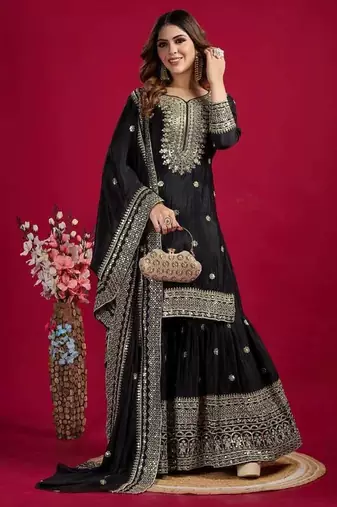Black Color Heavy Sequins Work Chinon Fabric Wedding Wear Sharara Dress