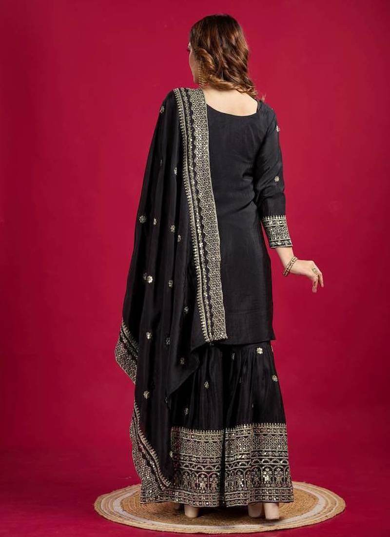 Black Color Heavy Sequins Work Chinon Fabric Wedding Wear Sharara Dress