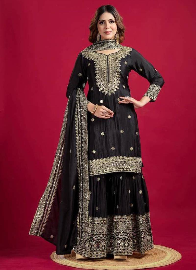 Black Color Heavy Sequins Work Chinon Fabric Wedding Wear Sharara Dress