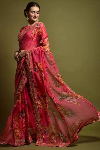 Pink Flower Print And Cut Work Saree With Sequin Embroidery Work