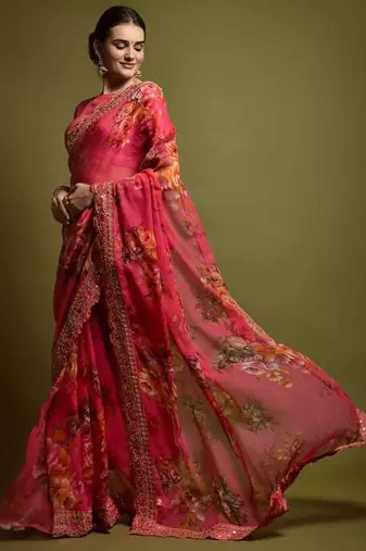 Pink Flower Print And Cut Work Saree With Sequin Embroidery Work