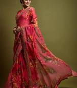Pink Flower Print And Cut Work Saree With Sequin Embroidery Work