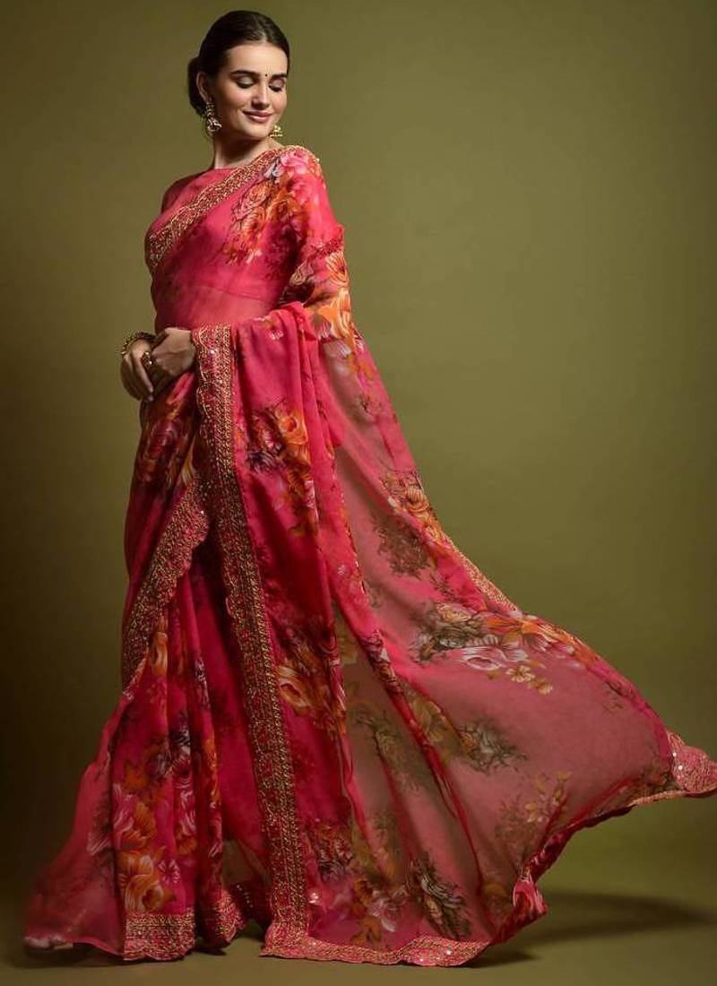 Pink Flower Print And Cut Work Saree With Sequin Embroidery Work