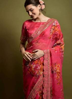 Pink Flower Print And Cut Work Saree With Sequin Embroidery Work 2