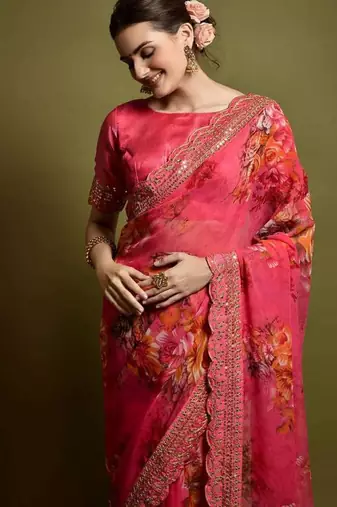 Pink Flower Print And Cut Work Saree With Sequin Embroidery Work