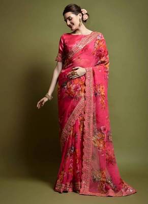 Pink Flower Print And Cut Work Saree With Sequin Embroidery Work 3
