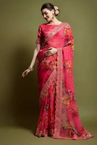 Pink Flower Print And Cut Work Saree With Sequin Embroidery Work