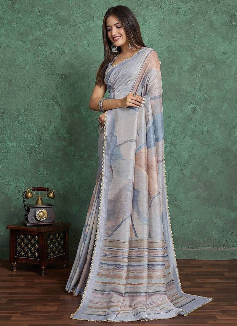 Grey Viscose Digital Print Saree With Rich Pallu