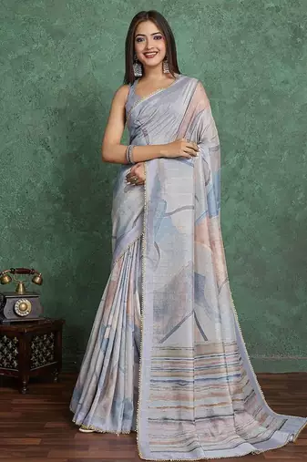 Grey Viscose Digital Print Saree With Rich Pallu