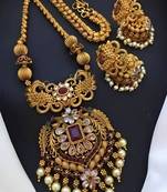 Antique finish temple jewelry set traditional south indian gold plated necklace and earrings with pearl drops