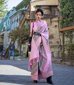 pink katan silk blend handloom weaving saree