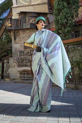 sky blue katan silk blend handloom weaving saree