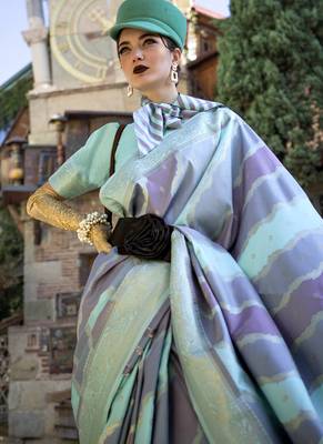 sky blue katan silk blend handloom weaving saree 2