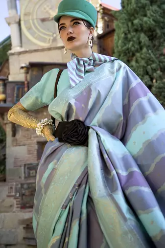 sky blue katan silk blend handloom weaving saree
