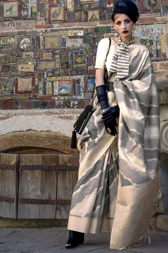 beige katan silk blend handloom weaving saree