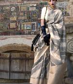 beige katan silk blend handloom weaving saree