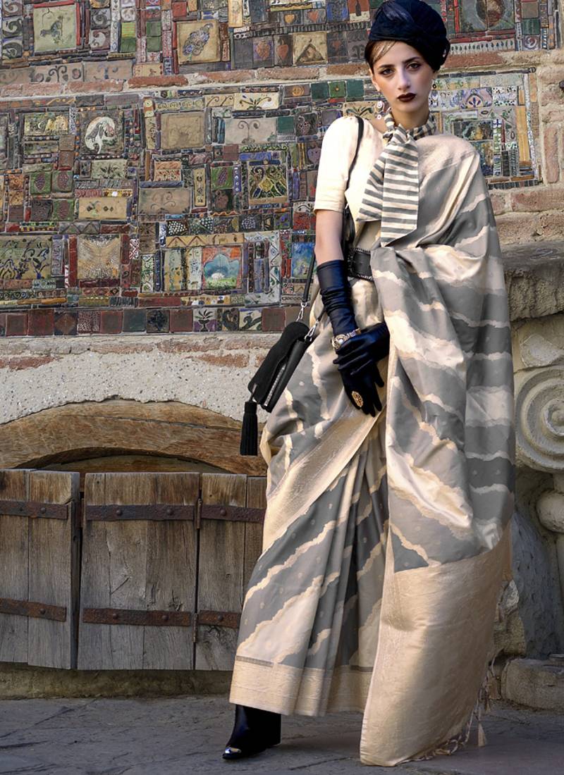 beige katan silk blend handloom weaving saree