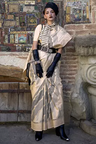 beige katan silk blend handloom weaving saree