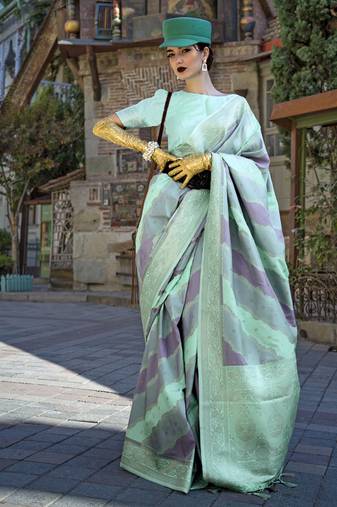 turquoise  katan silk blend handloom weaving saree